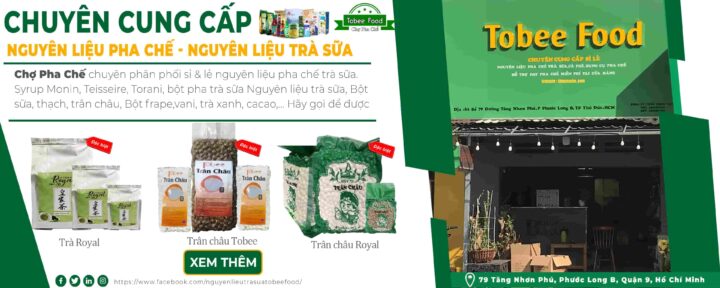 Banner giới thiệu Tobee Food với các nguyên liệu pha chế trà sữa, nhấn mạnh uy tín và chất lượng sản phẩm.