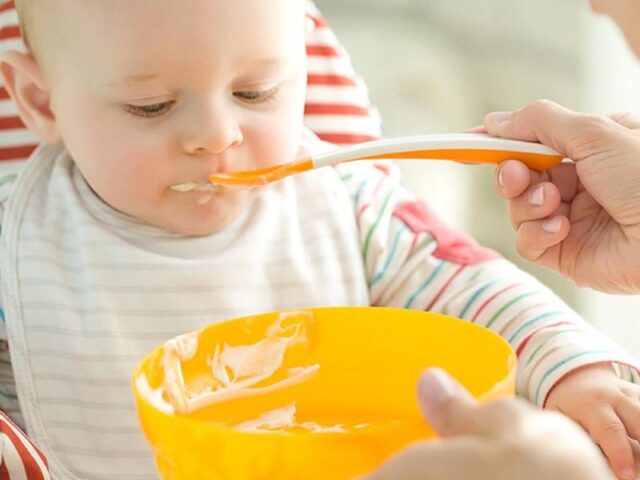 Bé gái ngồi ăn cháo chim bồ câu, minh họa độ tuổi thích hợp ăn dặm