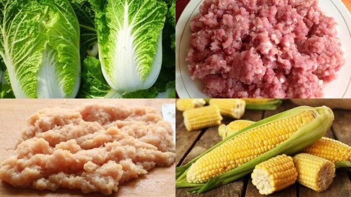 Nguyên liệu cần thiết để nấu canh cải thảo cuộn thịt bao gồm cải thảo, thịt gà, thịt heo và nấm hương.