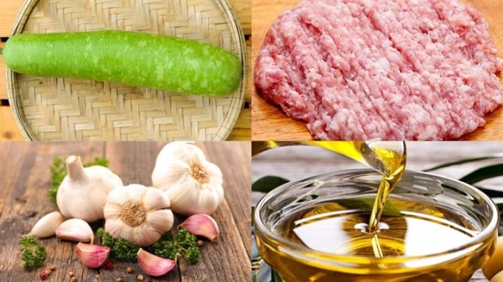 Các nguyên liệu tươi ngon để băm bầu nấu canh: bầu non, thịt heo băm, tỏi và hành lá