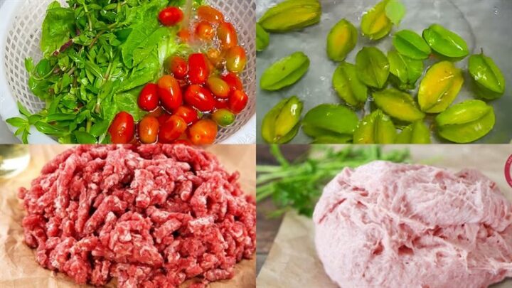 Các nguyên liệu tươi ngon để nấu canh khế thịt bò: thịt bò, giò sống, khế, cà chua, rau thơm