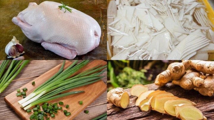 Nguyên liệu chính chuẩn bị cho món bún ngan ngon bao gồm thịt ngan, măng chua, và các loại rau gia vị