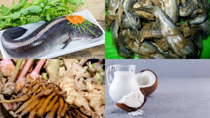 Toàn bộ nguyên liệu tươi ngon cần chuẩn bị cho món bún num bò chóc Campuchia