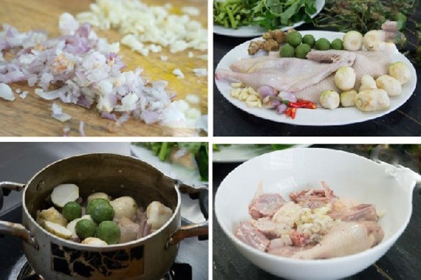 Xào săn thịt vịt với gia vị trong nồi để bắt đầu cách nấu vịt om sấu kiểu miền Bắc