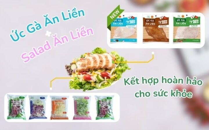 Ức gà ăn liền và salad tươi ngon, một lựa chọn nấu món ăn đơn giản giàu protein và chất xơ.