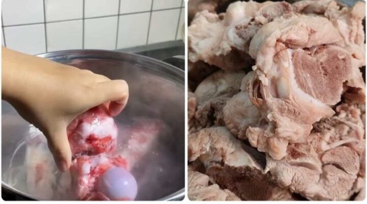 Hình ảnh xương heo được rửa sạch và chần sơ để khử mùi hôi, đảm bảo nước lẩu trong