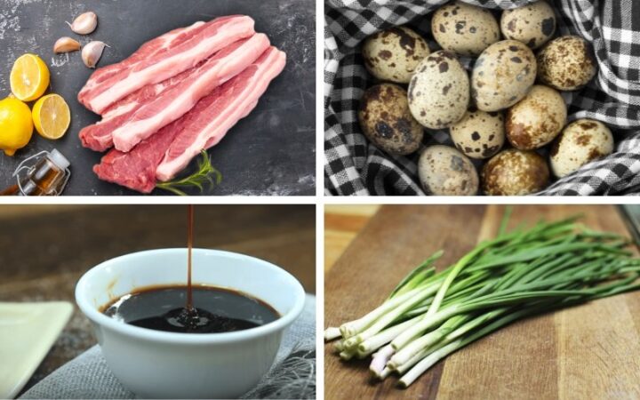 Tổng hợp các nguyên liệu cần thiết cho **cách nấu thịt kho tàu trứng cút** chuẩn vị.