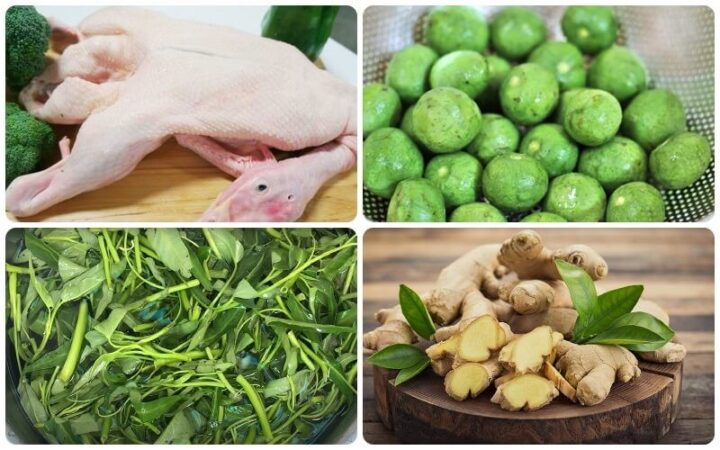 Tổng hợp nguyên liệu tươi ngon chuẩn bị cho món vịt om sấu rau rút