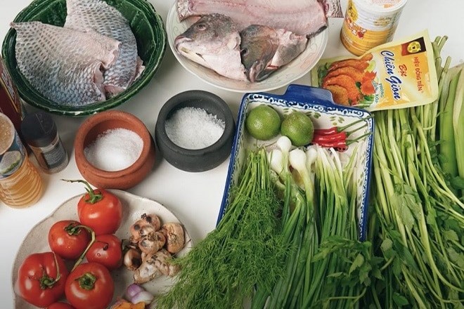 Các nguyên liệu chính nấu món bún cá rô dọc mùng ngon