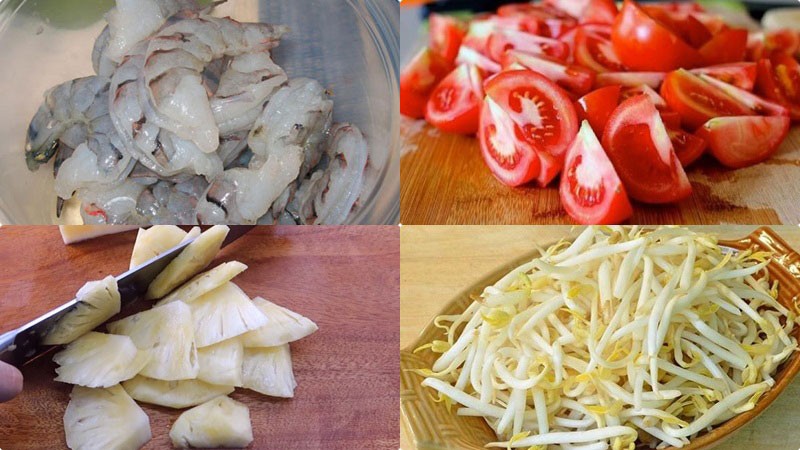 Tôm, cà chua, thơm (dứa) và giá đỗ tươi đã sơ chế sẵn sàng cho món canh chua thơm