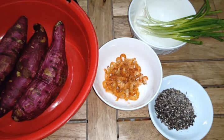 Nguyên liệu chính chuẩn bị cách nấu canh khoai lang mật với tôm khô