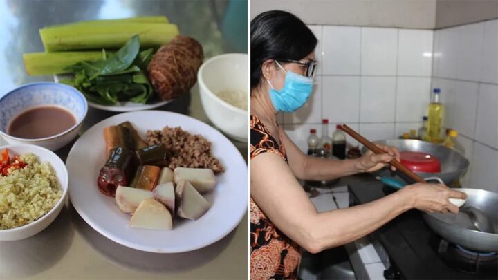 Các bước chế biến cháo môn lươn mắm ruốc tại bếp gia đình.