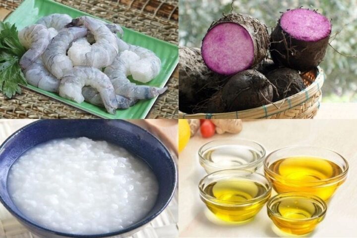Nguyên liệu đầy đủ để nấu cháo tôm khoai mỡ cho bé thơm ngon