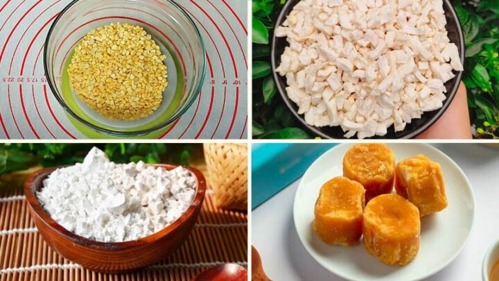 Tổng hợp các nguyên liệu cần thiết để nấu chè bưởi Sài Gòn: cùi bưởi, đậu xanh, nước cốt dừa và đường