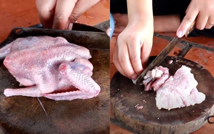 Thịt bồ câu và thịt nạc được chặt nhỏ để xay