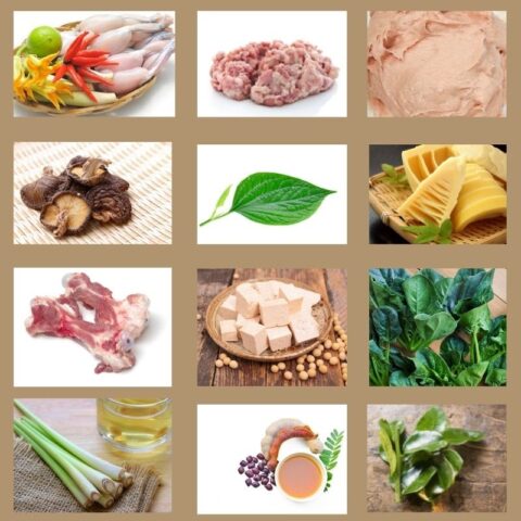 Các loại rau, thịt ếch và gia vị cần thiết để nấu lẩu ếch miền Nam thơm ngon