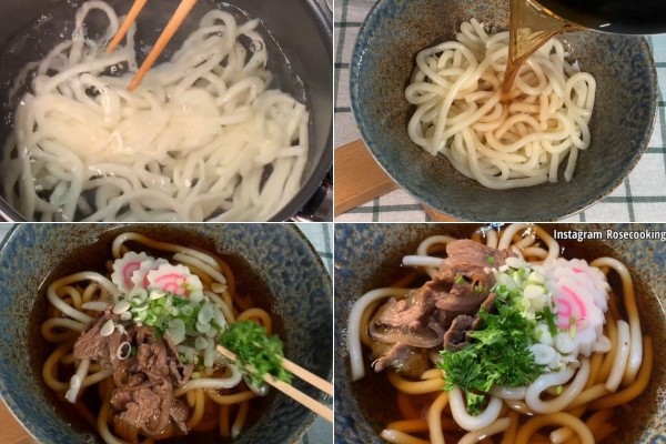 Tô mì udon nóng hổi, thơm ngon đã hoàn thành với thịt bò và chả cá