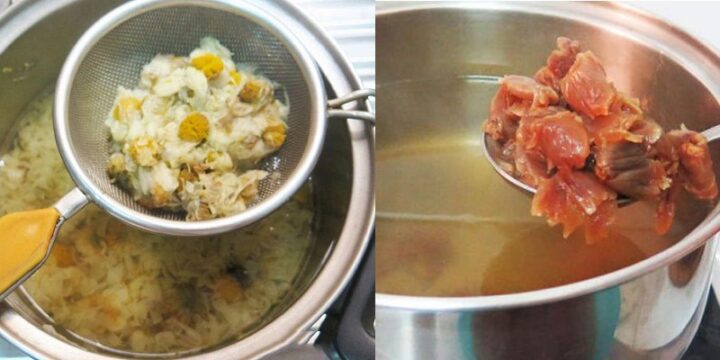 Vớt hoa cúc ra và cho nhãn nhục vào trà
