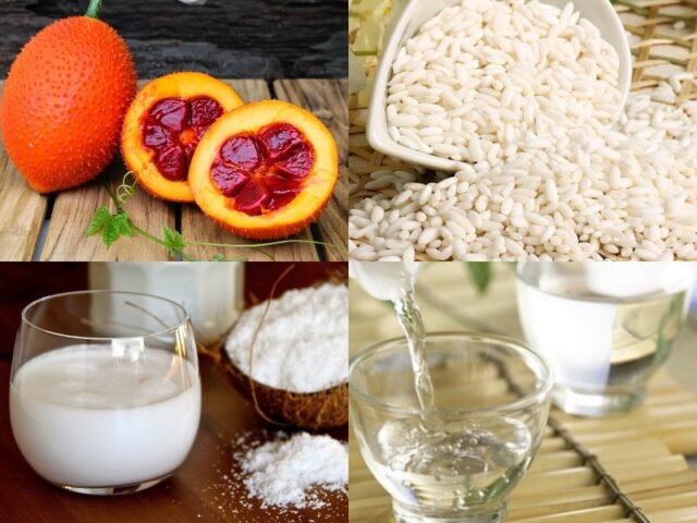 Nguyên liệu chuẩn bị cho cách nấu xôi gấc không bị nát: gạo nếp, gấc tươi, nước cốt dừa, đường, muối, rượu trắng
