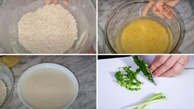 Sơ chế nguyên liệu cho cách nấu xôi hành mỡ ngô đậu xanh