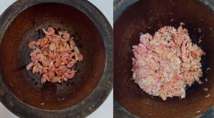 Tôm khô đã ngâm mềm và giã nhuyễn, sẵn sàng cho món canh cải với tôm khô