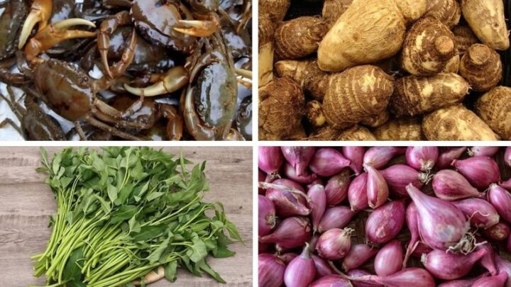 Nguyên liệu chính chuẩn bị cho món canh khoai cua sọ rau muống tươi ngon