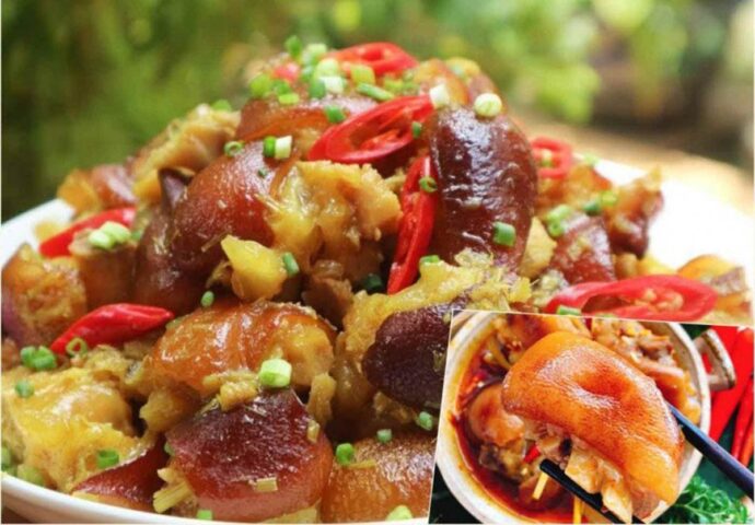 Món chân giò giả cầy không cần mẻ với màu vàng nâu hấp dẫn, ăn kèm rau thơm