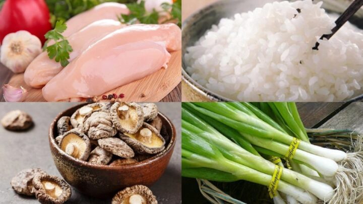 Các nguyên liệu tươi ngon chuẩn bị cho món cháo nấm hương