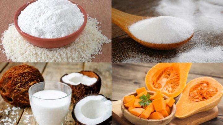 Tất cả nguyên liệu tươi ngon để làm chè bí đỏ nước cốt dừa gồm bí đỏ, nước cốt dừa, bột nếp và gia vị