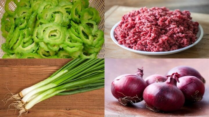 Nguyên liệu cho món canh khổ qua thịt bằm vò viên: khổ qua, thịt băm, hành tím, hành lá