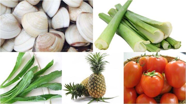 Các nguyên liệu tươi ngon chuẩn bị cho món canh chua nghêu