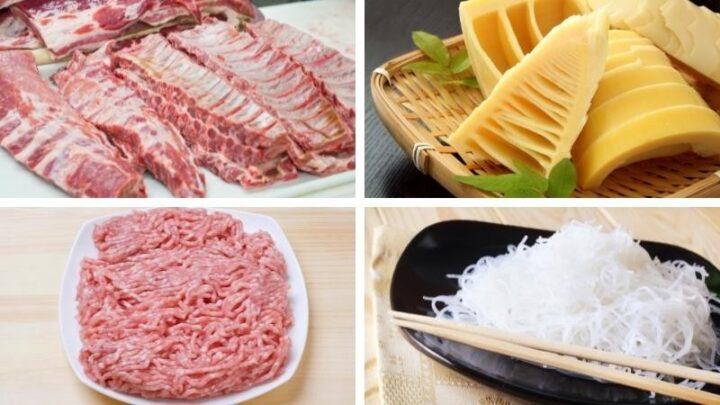 Các nguyên liệu tươi ngon chuẩn bị cho cách nấu bún sườn măng mọc
