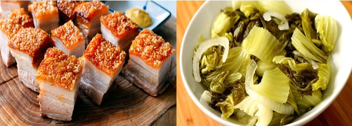 Chuẩn bị thịt heo quay cắt miếng và cải chua sơ chế cho món kho