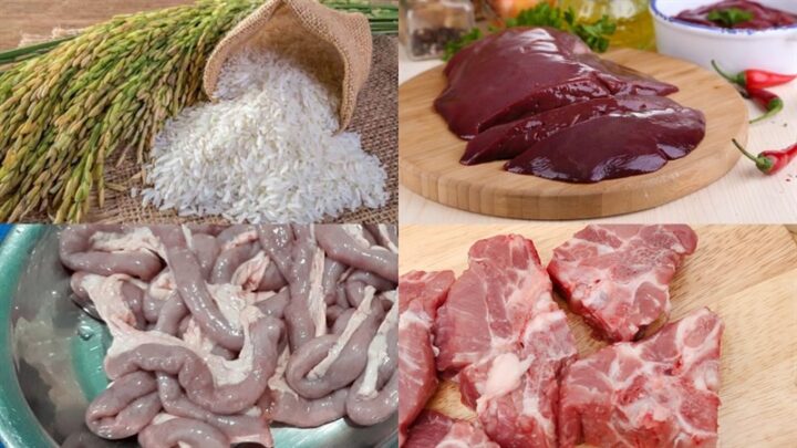 Các nguyên liệu tươi ngon cần chuẩn bị để nấu cháo lòng miền Tây, bao gồm lòng heo, gan, tim, xương, gạo và gia vị