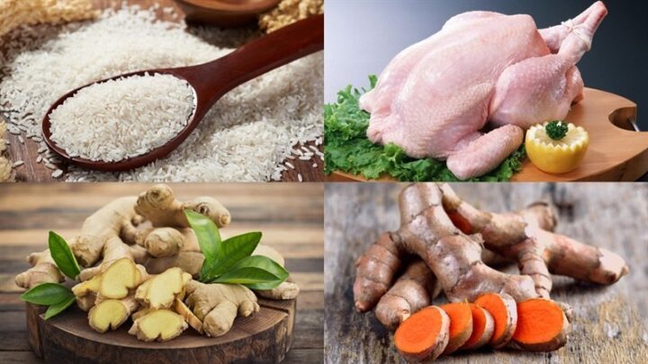 Hình ảnh các nguyên liệu tươi ngon chuẩn bị nấu cơm gà Phan Rang như thịt gà, hành tây, ớt, chanh, gừng