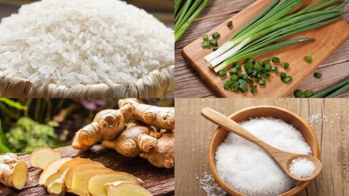 Nguyên liệu chuẩn bị nấu cháo hành giải cảm tại nhà