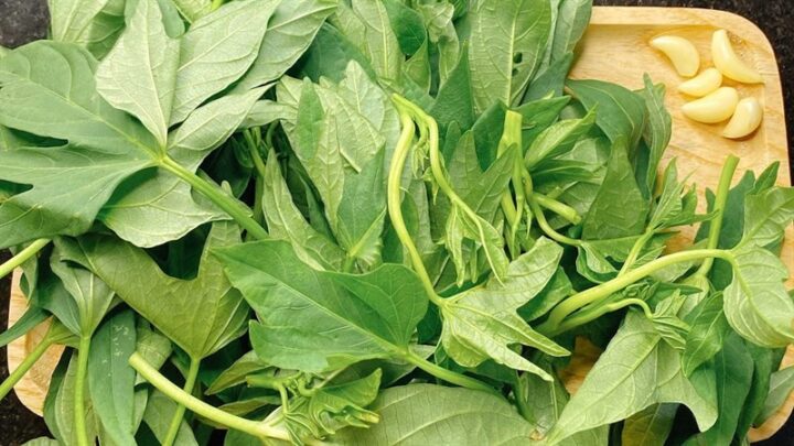 Nguyên liệu chuẩn bị cho cách nấu canh rau lang với tỏi: rau lang và tỏi tươi.