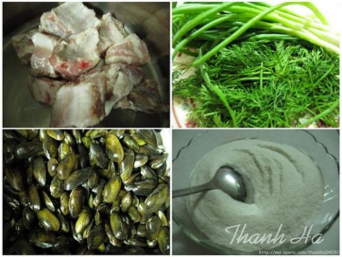 Nguyên liệu tươi ngon chuẩn bị nấu cháo trùng trục cho bé, bao gồm trùng trục, sườn, gạo và rau củ