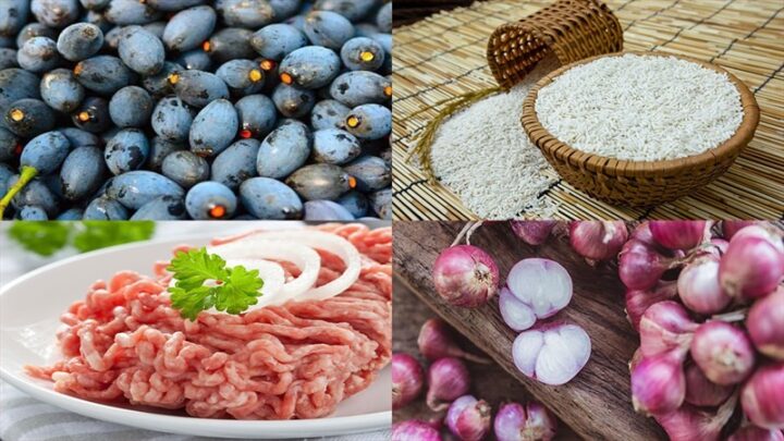 Nguyên liệu tươi ngon cho món xôi trám đen bao gồm trám đen, nếp, thịt heo.