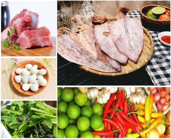 Tổng hợp các nguyên liệu cần thiết để thực hiện cách nấu hủ tiếu khô mực chuẩn vị