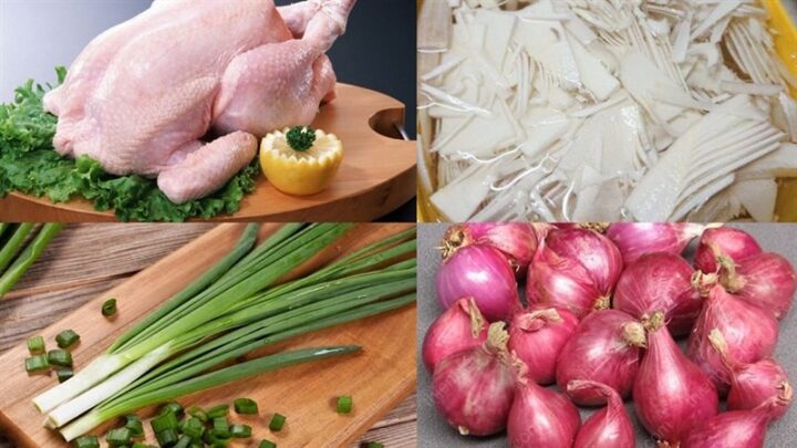 Tổng hợp nguyên liệu chính để nấu gà nấu măng chua gồm thịt gà, măng chua và gia vị