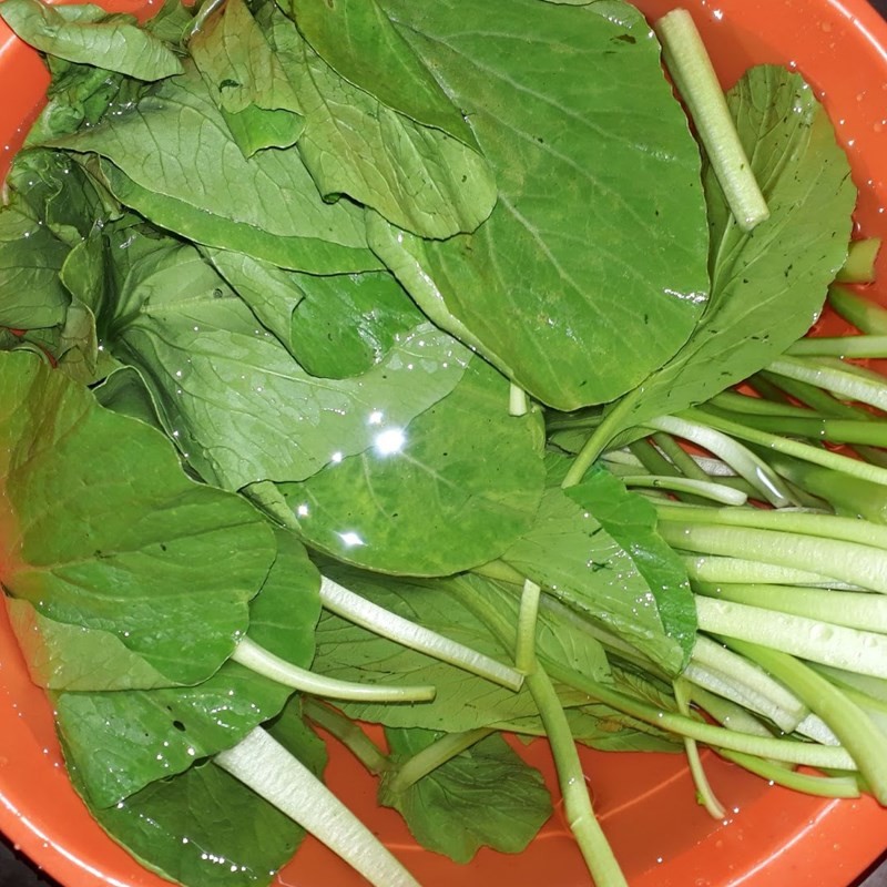 Người đầu bếp đang tỉ mỉ rửa sạch từng lá cải ngọt dưới vòi nước chảy, đảm bảo loại bỏ mọi bụi bẩn, tạp chất cho món canh cải ngọt tôm khô.