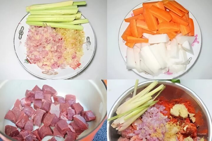 Sơ chế nguyên liệu bò kho, rau củ đã sẵn sàng cho món ngon