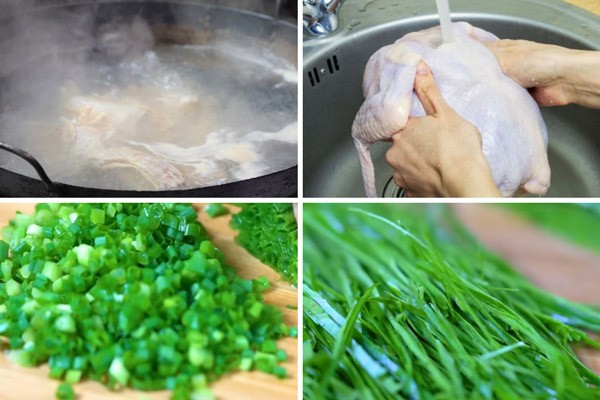 Sơ chế xương gà, gà và các loại rau cho món phở gà Hà Nội