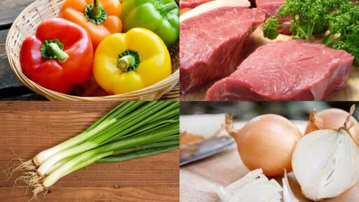 Các nguyên liệu tươi ngon chuẩn bị cho cách nấu thịt bò xào ớt chuông gồm thịt bò, ớt chuông và rau củ