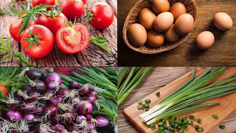 Nguyên liệu tươi ngon để nấu canh mây trứng gồm cà chua, trứng và hành lá
