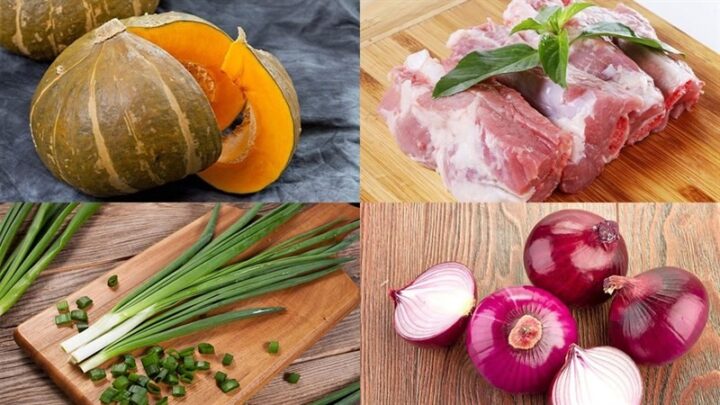 nguyên liệu tươi ngon chuẩn bị cho món canh bí sườn gồm bí đỏ, sườn heo, hành lá và hành tím