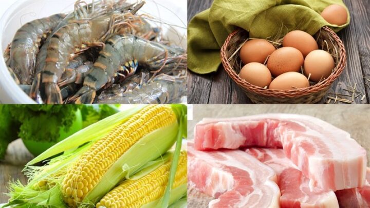 Các nguyên liệu tươi ngon chuẩn bị cho món súp tôm thịt gồm tôm, thịt, rau củ và trứng