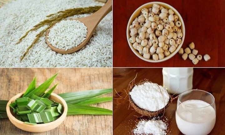 Nguyên liệu chuẩn bị cho cách nấu xôi lá dứa hạt sen thơm dẻo