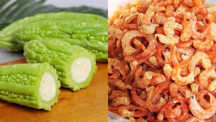 Nguyên liệu tươi ngon cho món canh khổ qua nấu tôm khô gồm khổ qua, tôm khô, hành lá và tỏi